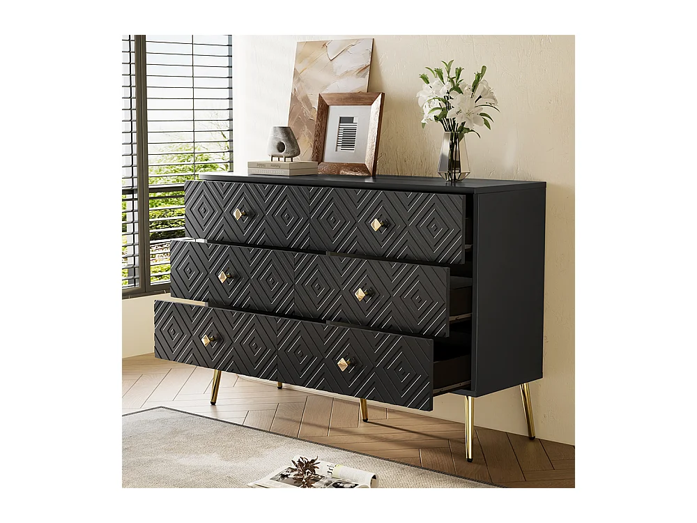 Commode moderne 6 tiroirs pieds en métal pour chambre et salon noir et doré design élégant