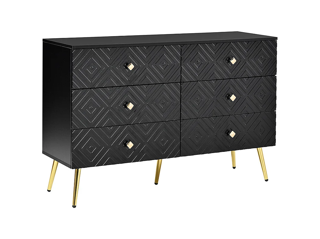 Commode moderne 6 tiroirs pieds en métal pour chambre et salon noir et doré design élégant