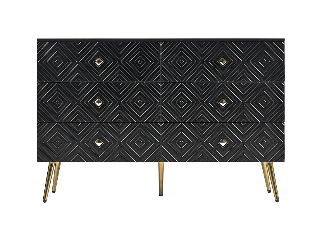 Commode moderne 6 tiroirs pieds en métal pour chambre et salon noir et doré design élégant