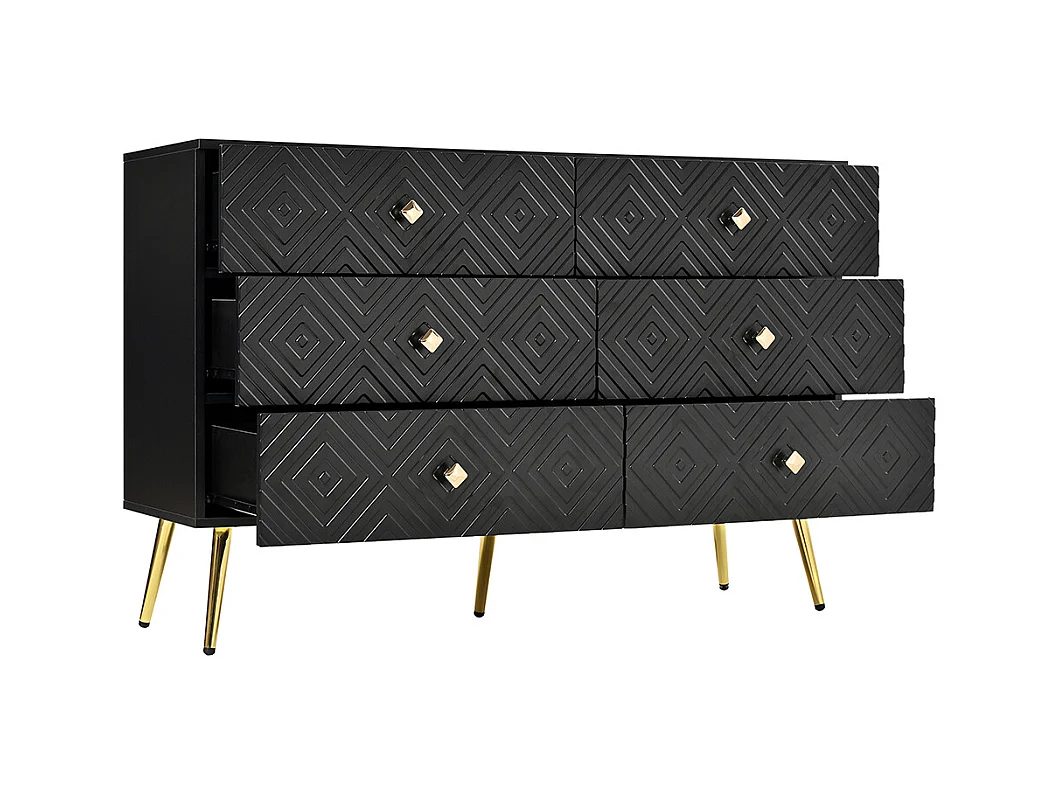 Commode moderne 6 tiroirs pieds en métal pour chambre et salon noir et doré design élégant