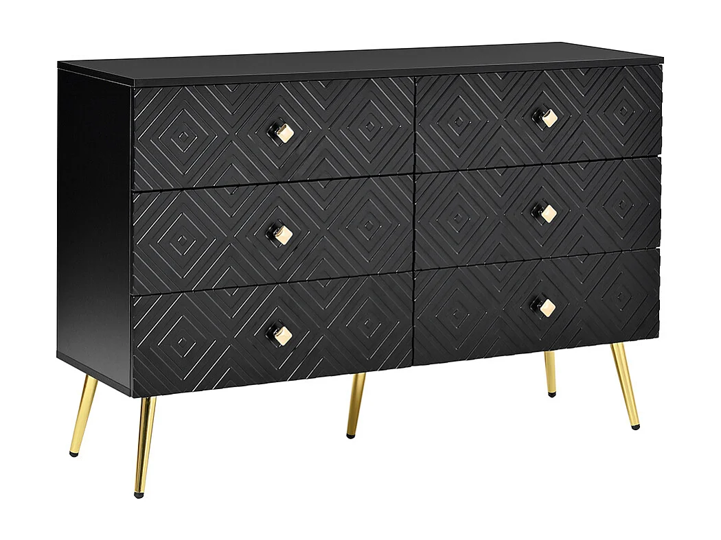 Moderne ladekast met 6 laden en metalen poten voor slaapkamer en woonkamer zwart en goud elegant design
