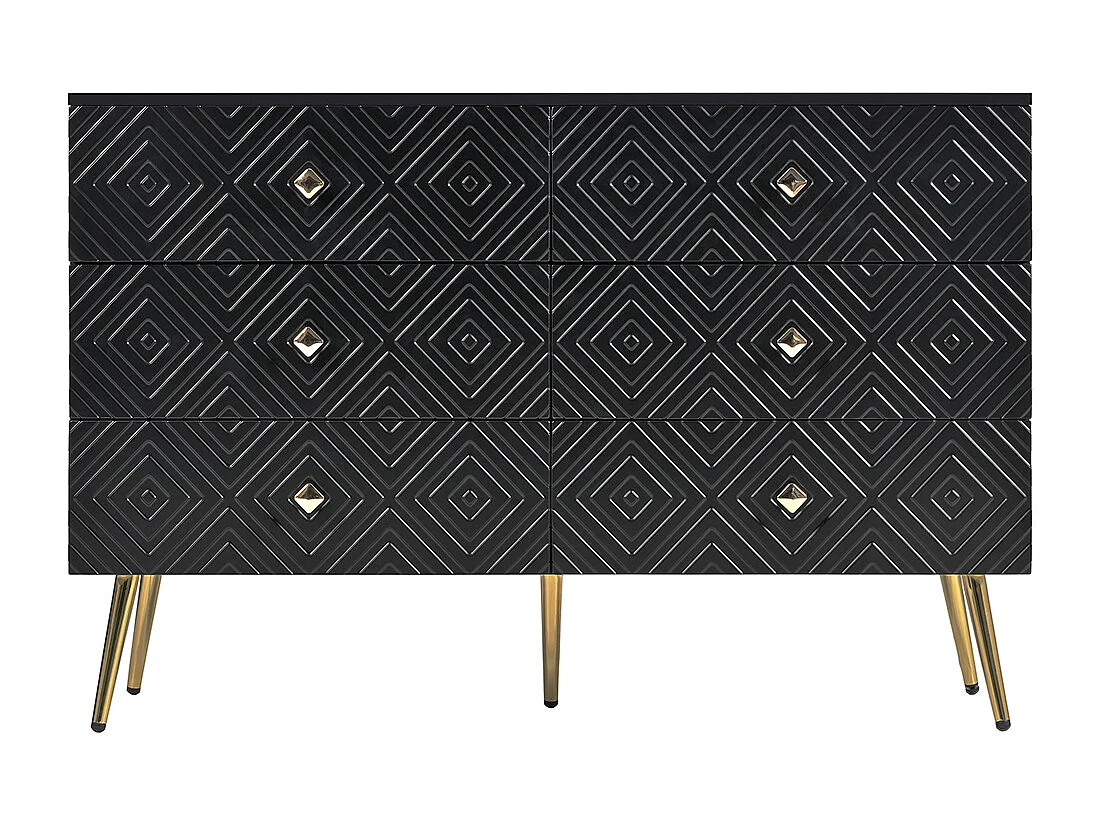 Moderne ladekast met 6 laden en metalen poten voor slaapkamer en woonkamer zwart en goud elegant design