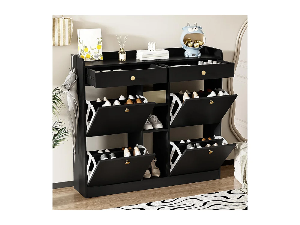 Meuble à chaussures élégant blanc 4 portes battantes 2 tiroirs 3 compartiments ouverts noir