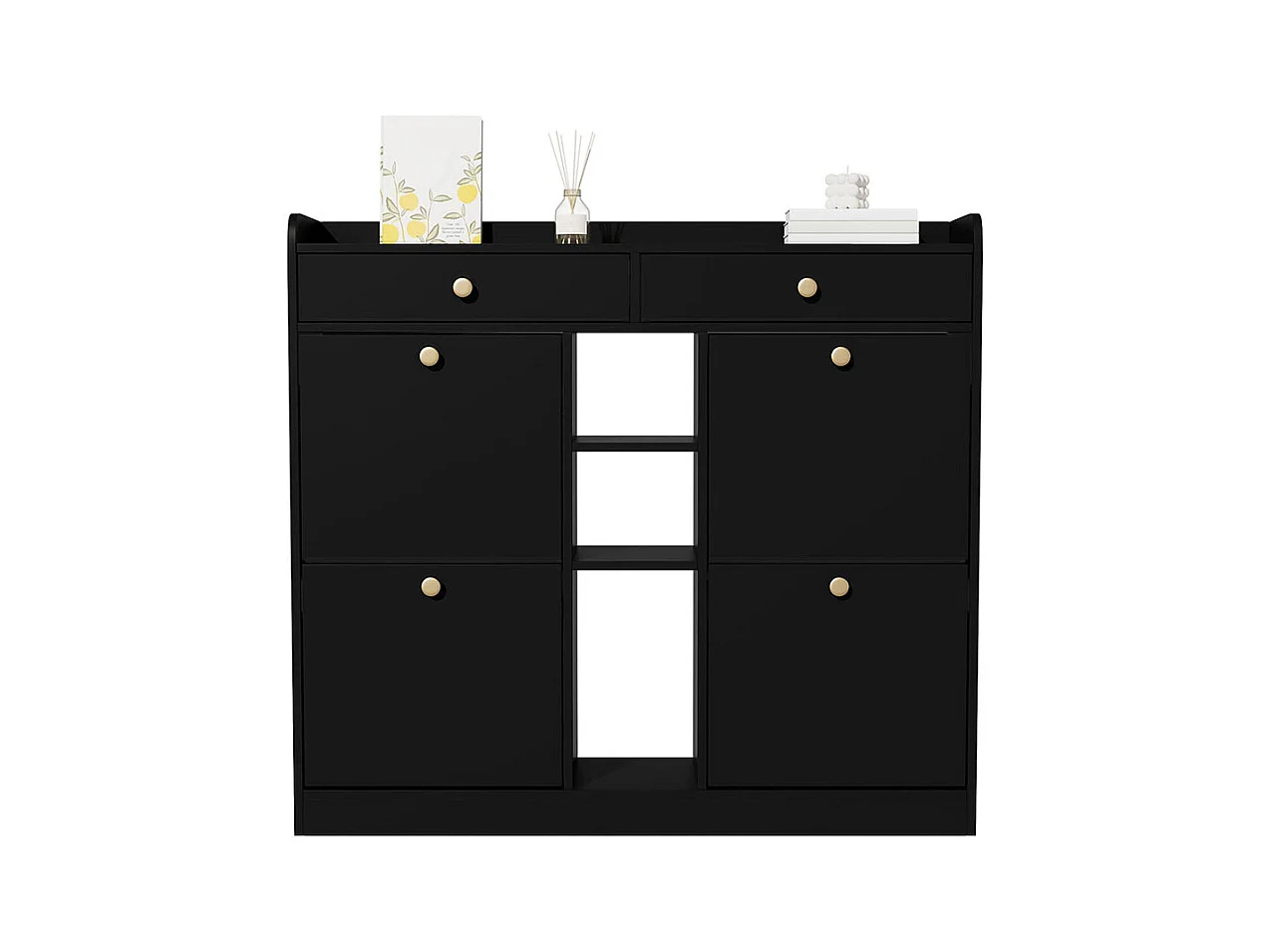 Meuble à chaussures élégant blanc 4 portes battantes 2 tiroirs 3 compartiments ouverts noir