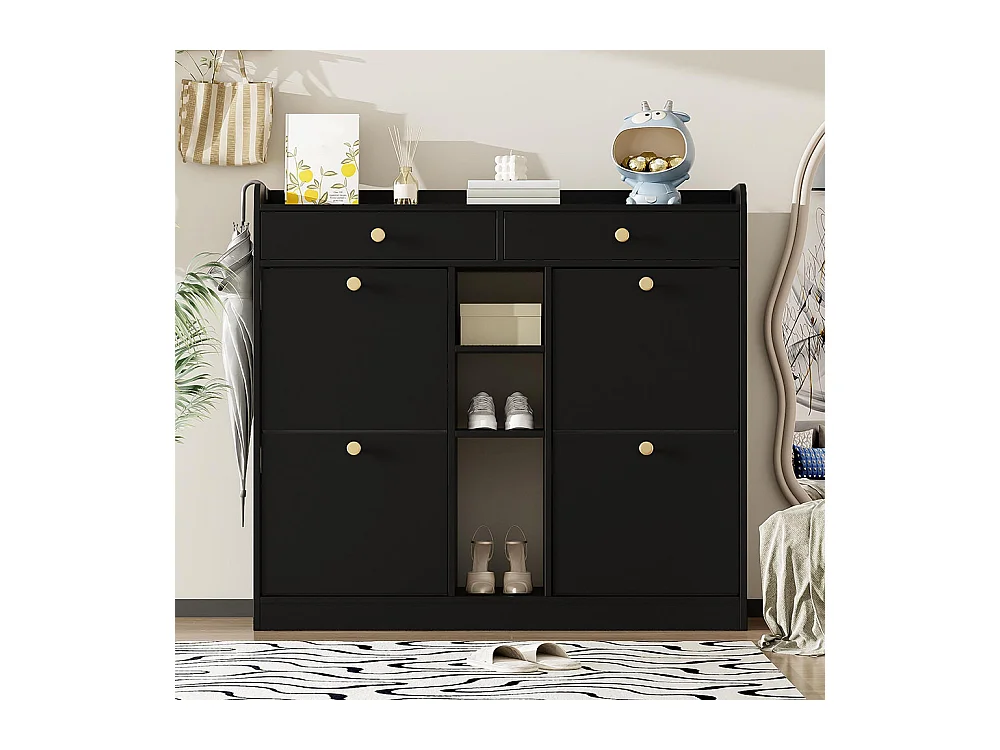 Meuble à chaussures élégant blanc 4 portes battantes 2 tiroirs 3 compartiments ouverts noir