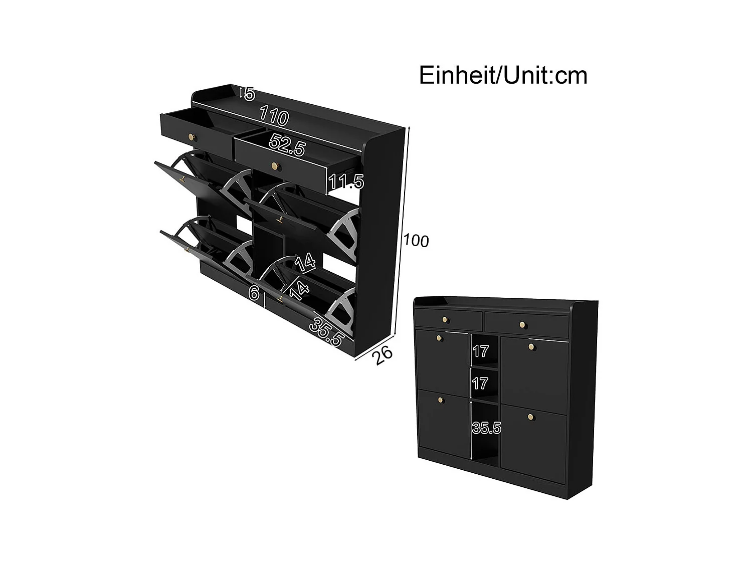 Meuble à chaussures élégant blanc 4 portes battantes 2 tiroirs 3 compartiments ouverts noir