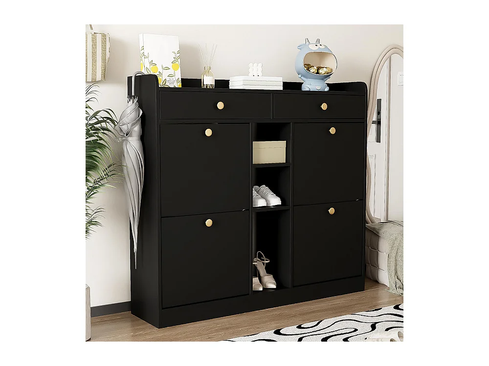 Meuble à chaussures élégant blanc 4 portes battantes 2 tiroirs 3 compartiments ouverts noir