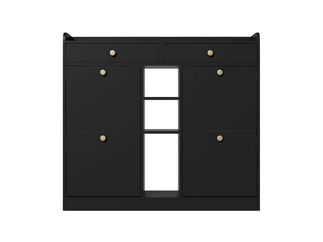 Meuble à chaussures élégant blanc 4 portes battantes 2 tiroirs 3 compartiments ouverts noir