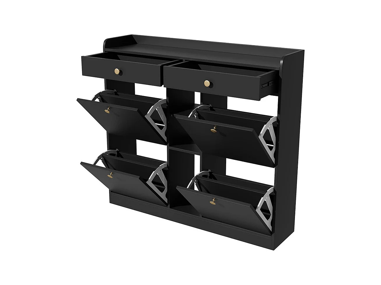 Meuble à chaussures élégant blanc 4 portes battantes 2 tiroirs 3 compartiments ouverts noir