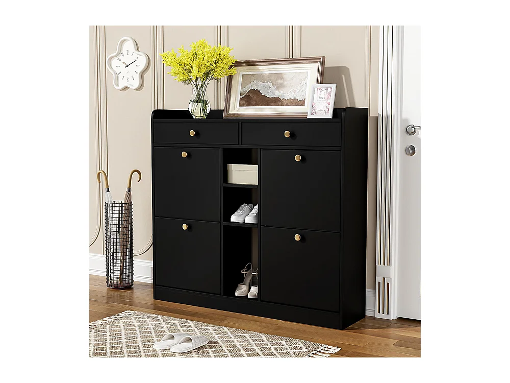 Meuble à chaussures élégant blanc 4 portes battantes 2 tiroirs 3 compartiments ouverts noir