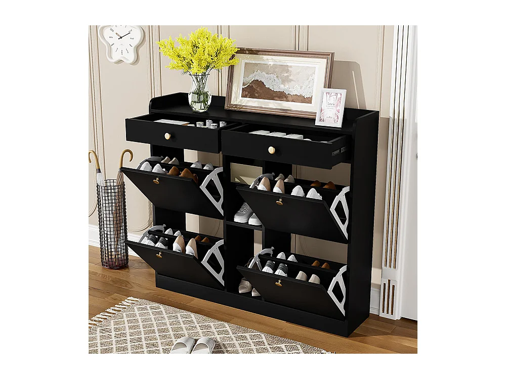 Meuble à chaussures élégant blanc 4 portes battantes 2 tiroirs 3 compartiments ouverts noir
