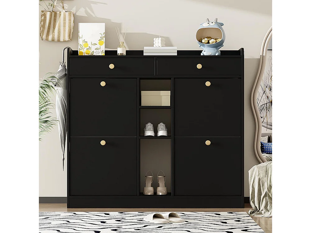 Meuble à chaussures élégant blanc 4 portes battantes 2 tiroirs 3 compartiments ouverts noir