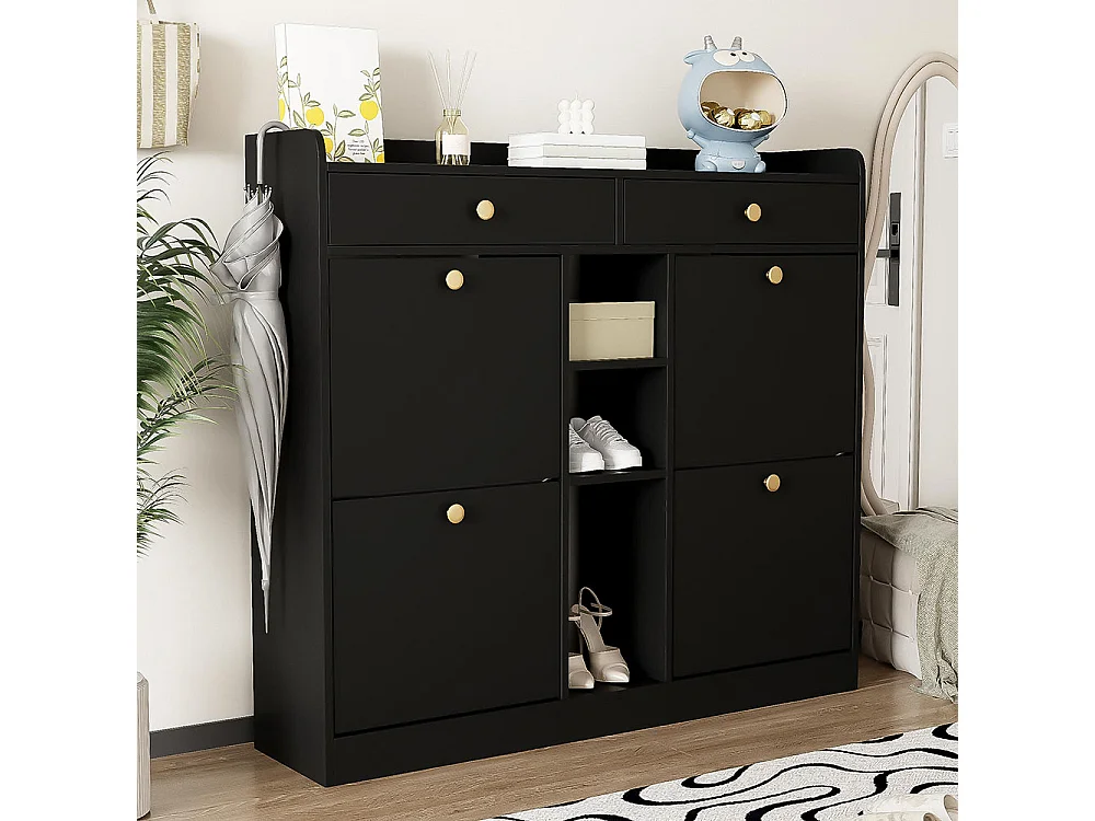 Meuble à chaussures élégant blanc 4 portes battantes 2 tiroirs 3 compartiments ouverts noir