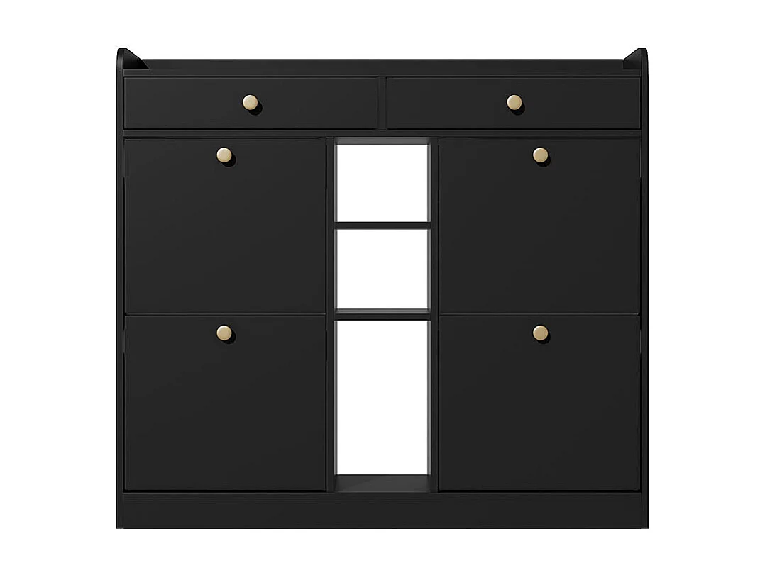 Meuble à chaussures élégant blanc 4 portes battantes 2 tiroirs 3 compartiments ouverts noir