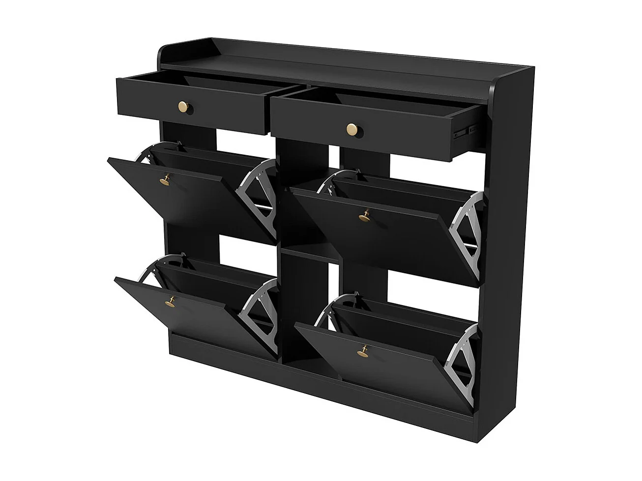 Meuble à chaussures élégant blanc 4 portes battantes 2 tiroirs 3 compartiments ouverts noir