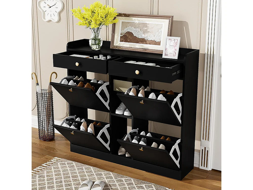 Meuble à chaussures élégant blanc 4 portes battantes 2 tiroirs 3 compartiments ouverts noir