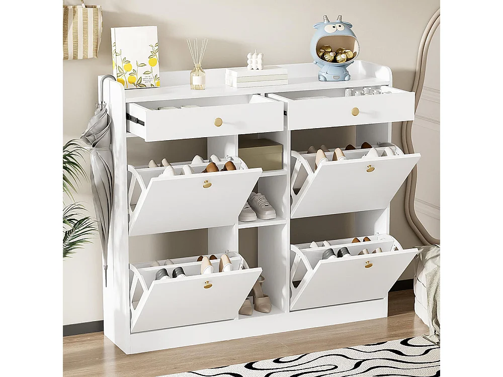 Elegante witte schoenenkast met 4 klapdeuren 2 lades en 3 open vakken in wit