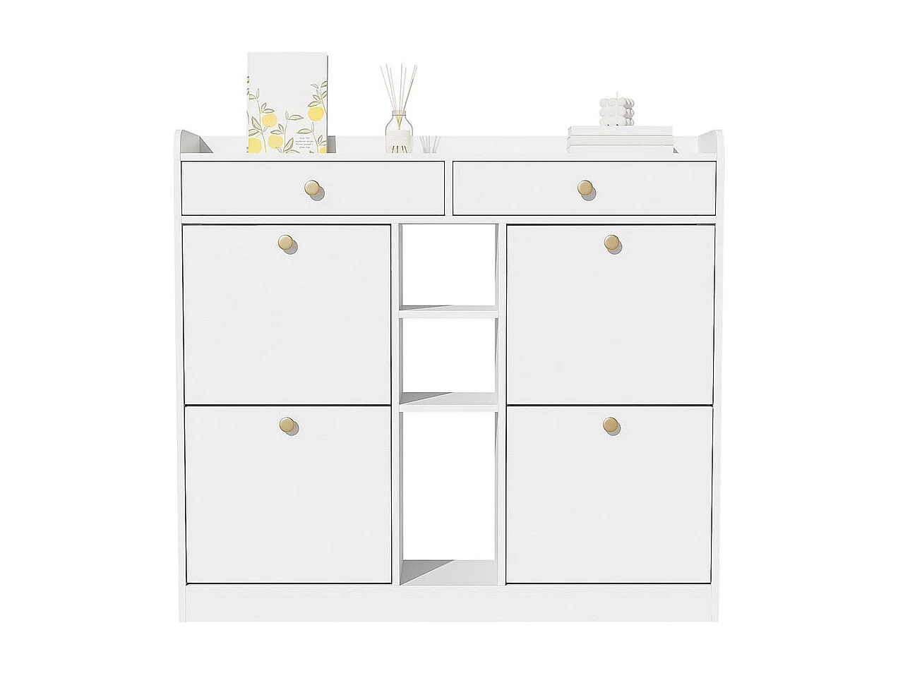 Elegante witte schoenenkast met 4 klapdeuren 2 lades en 3 open vakken in wit