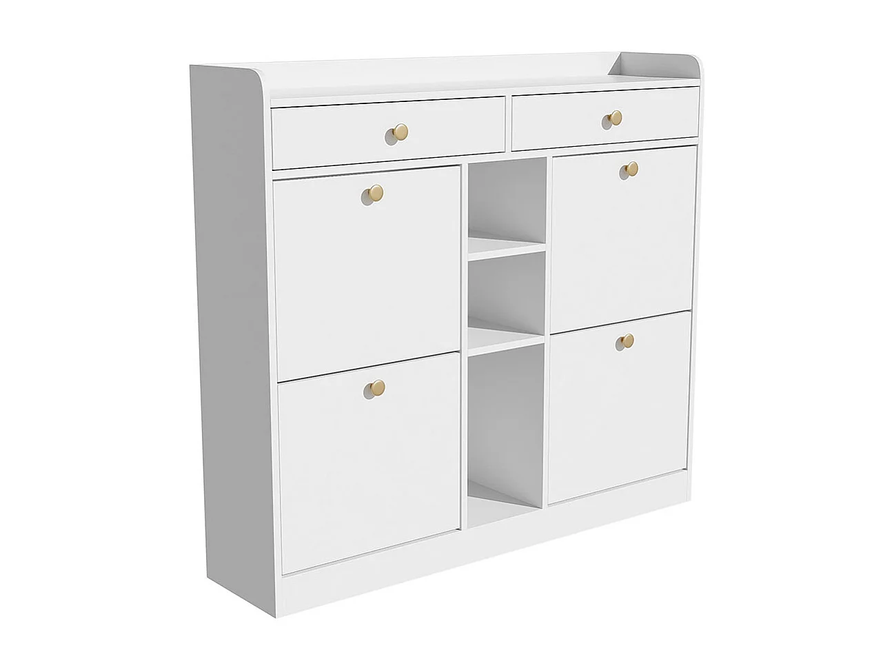 Elegante witte schoenenkast met 4 klapdeuren 2 lades en 3 open vakken in wit