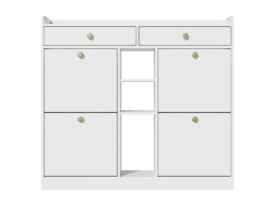 Meuble à chaussures élégant blanc 4 portes battantes 2 tiroirs 3 compartiments ouverts blanc