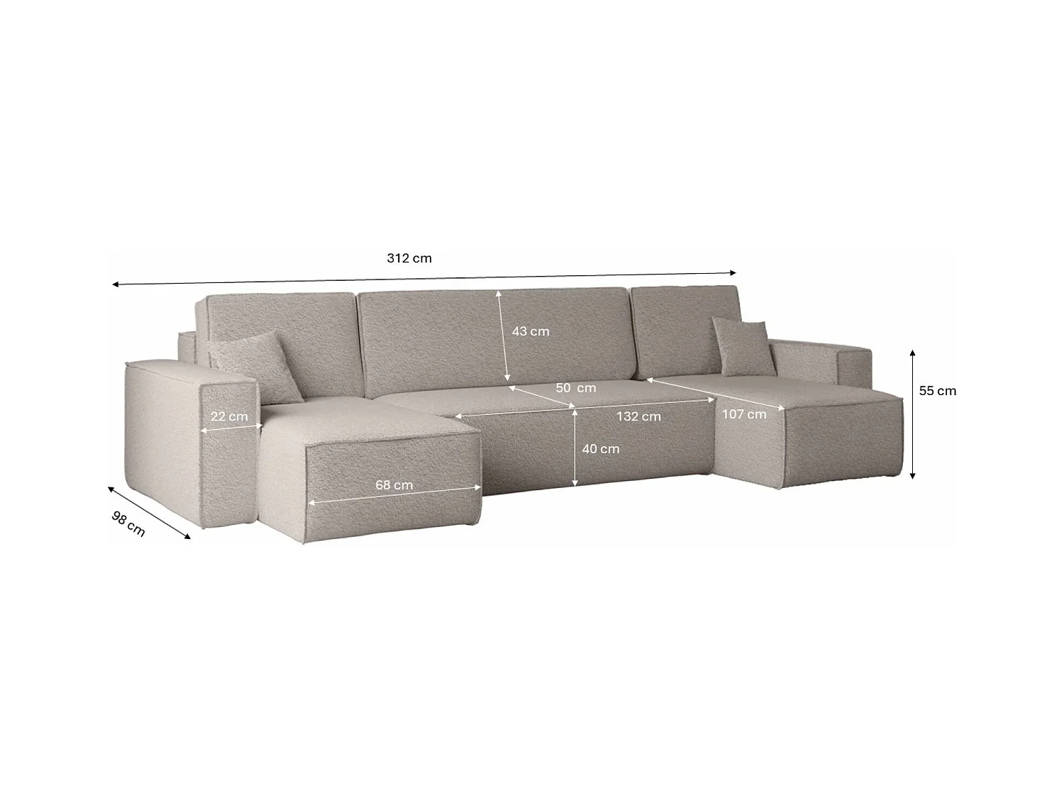 Ecksofa mit schlaffunktion und bettkasten, Sofa U-form, Couch U-form BEST stoff Abriamo Dunkelbeige
