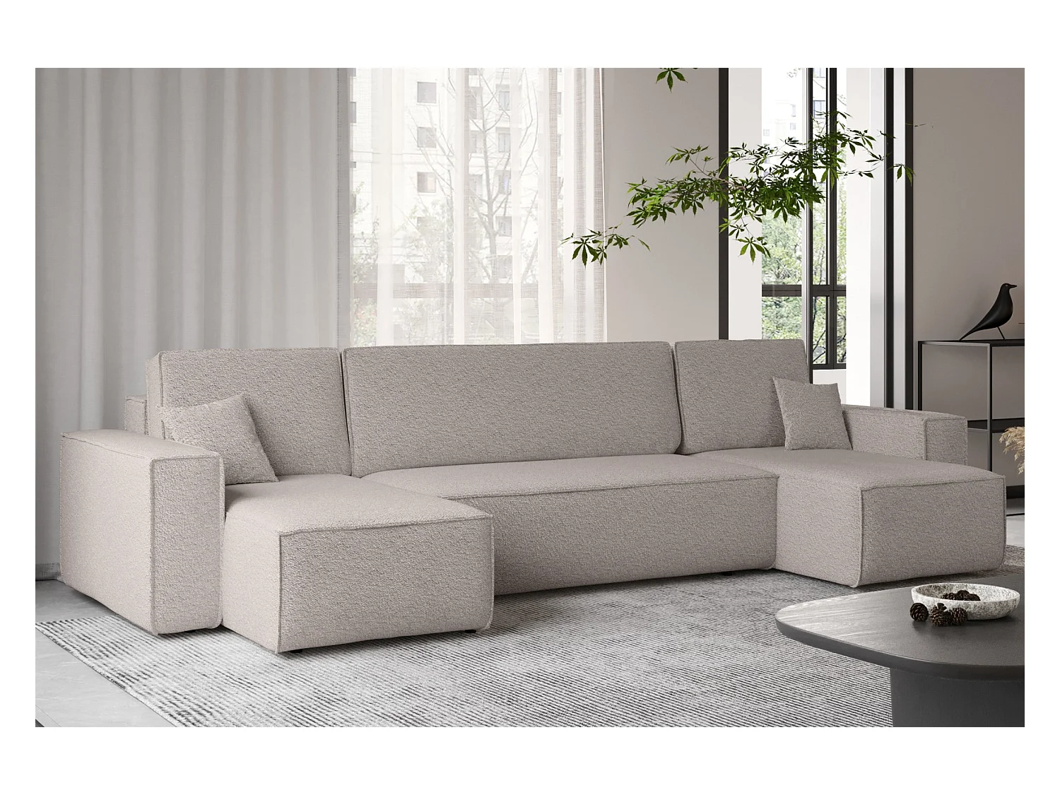 Divano angolare con funzione letto e contenitore, Divano a U, Divano a U tessuto BEST Abriamo beige scuro
