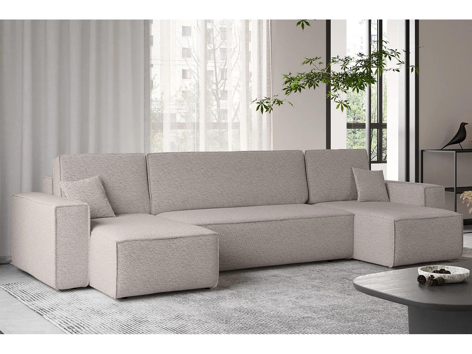 Canapé d'angle avec fonction couchage et coffre de lit, Canapé en U, Canapé en U BEST tissu Abriamo beige foncé