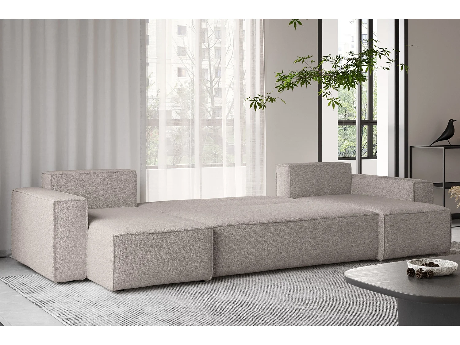 Canapé d'angle avec fonction couchage et coffre de lit, Canapé en U, Canapé en U BEST tissu Abriamo beige foncé