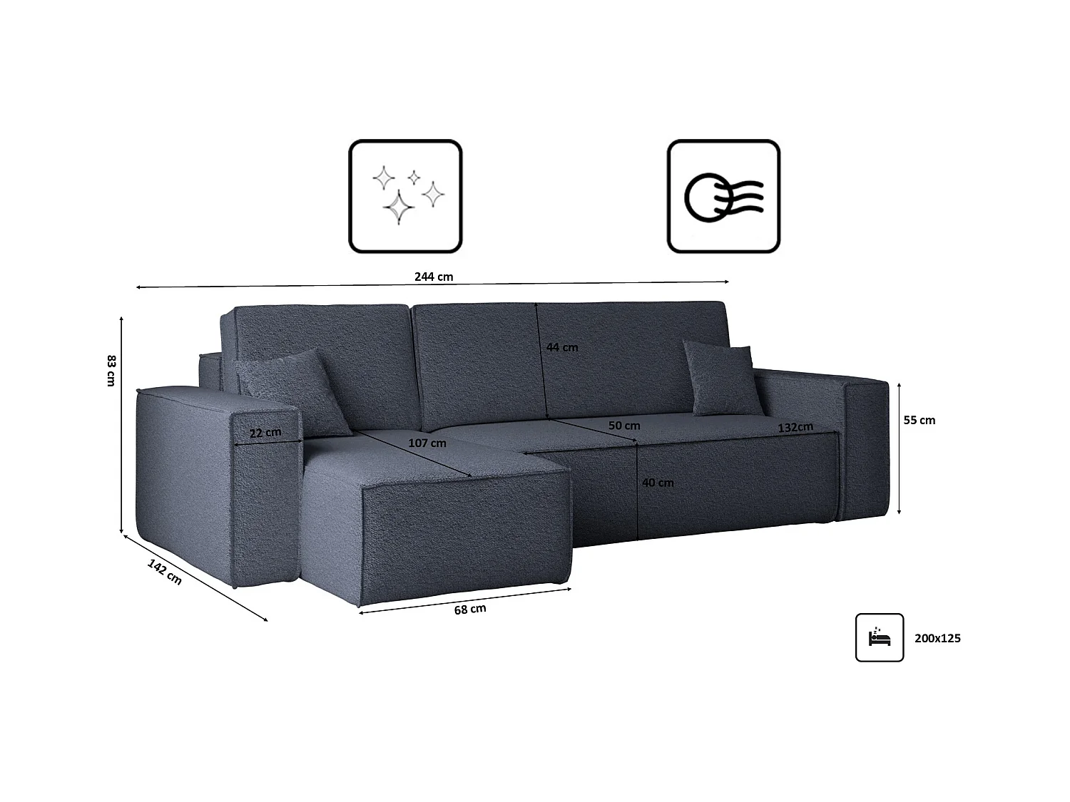 Ecksofa mit schlaffunktion und bettkasten, Ecksofa L-Form, Eckcouch L-Form BEST stoff Abriamo Dunkelblau Links