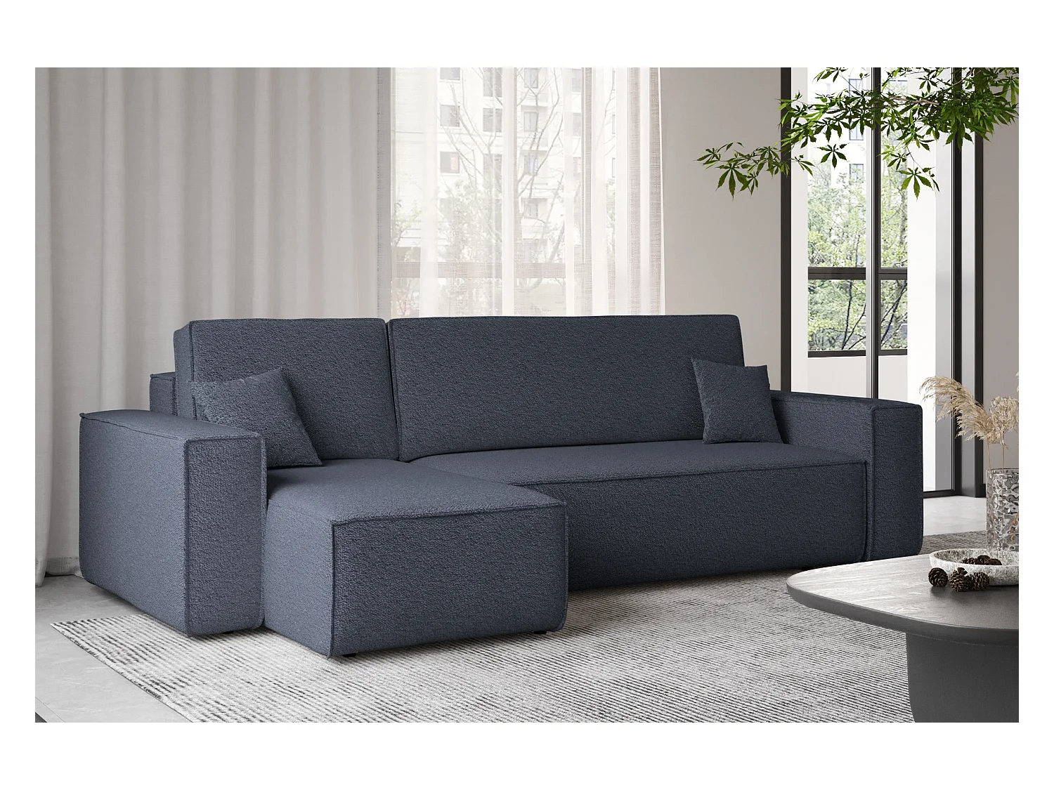 Canapé d'angle avec fonction couchage et coffre de lit, canapé d'angle en L, canapé d'angle en L BEST tissu Abriamo Bleu Foncé Gauche