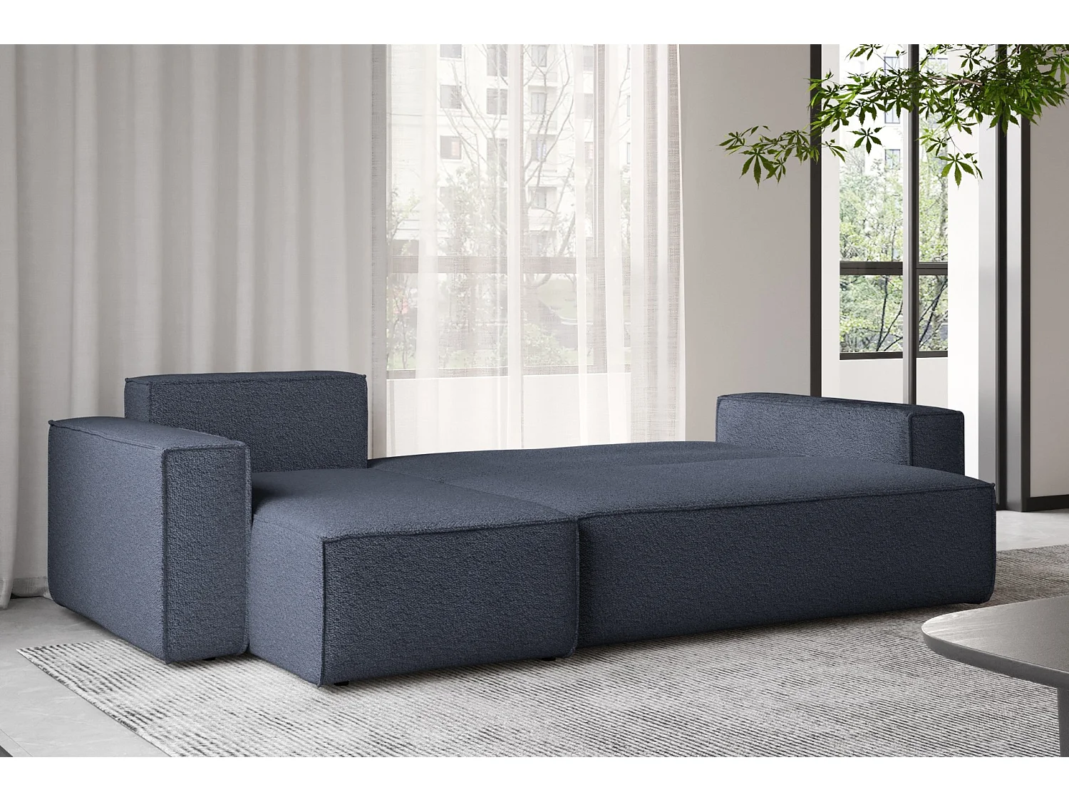 Canapé d'angle avec fonction couchage et coffre de lit, canapé d'angle en L, canapé d'angle en L BEST tissu Abriamo Bleu Foncé Gauche