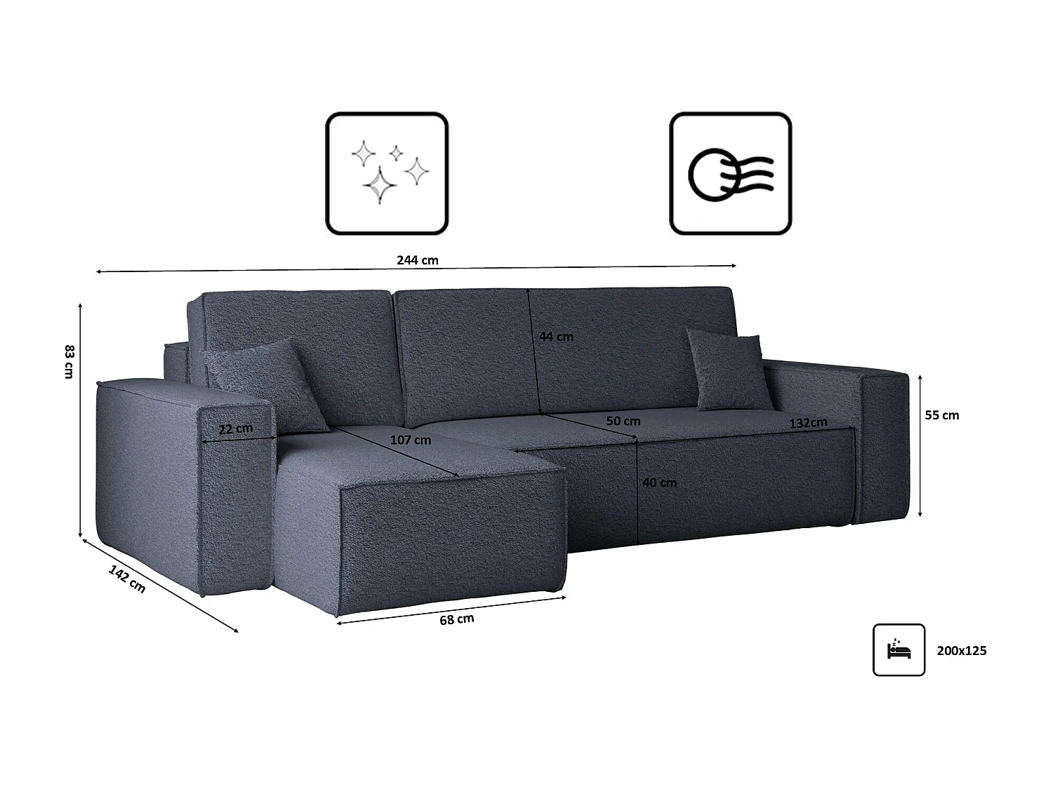 Canapé d'angle avec fonction couchage et coffre de lit, canapé d'angle en L, canapé d'angle en L BEST tissu Abriamo Bleu Foncé Gauche