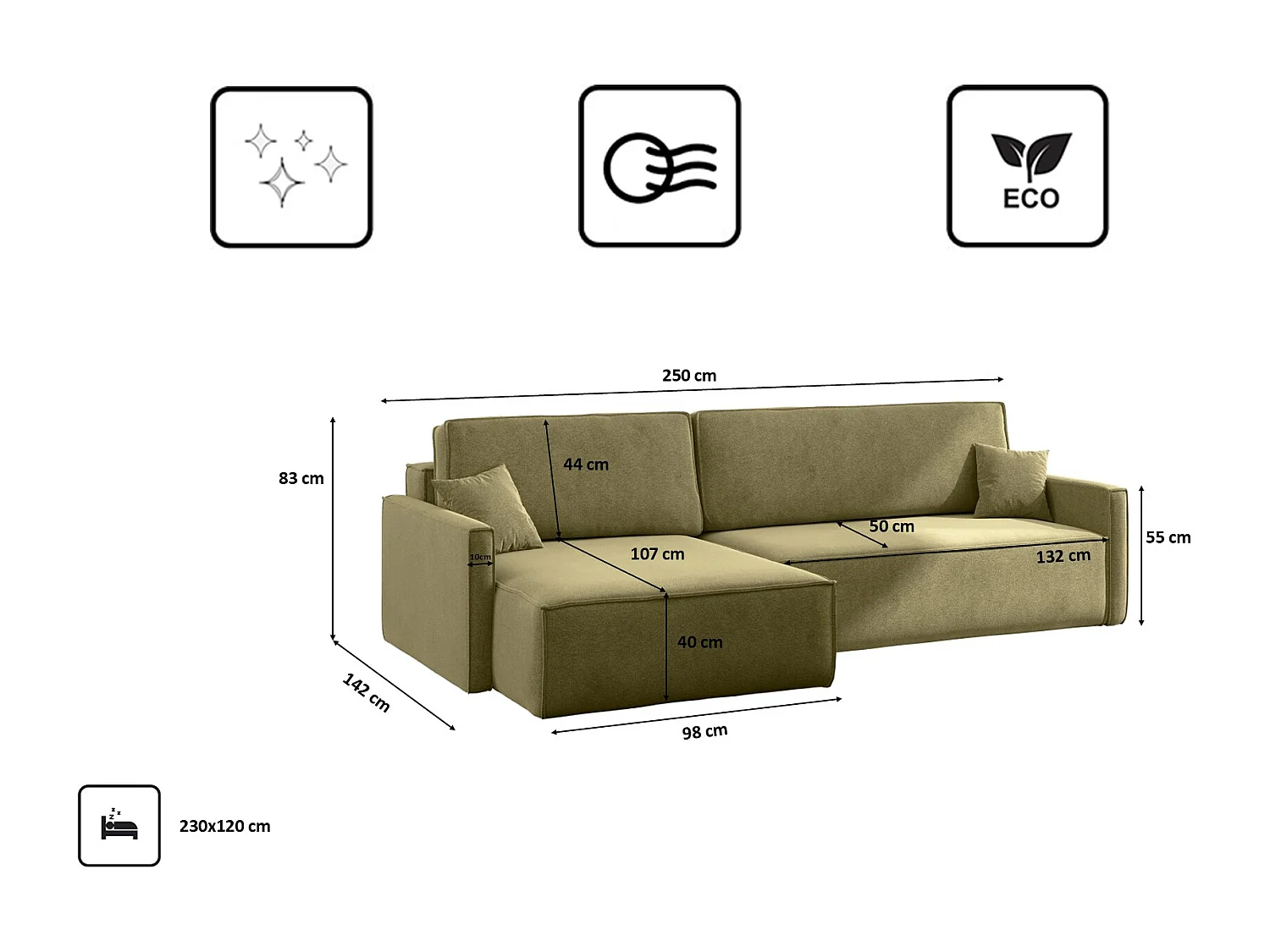 Schlafsofa Carlos L-Form, Ecksofa Mit Bettkasten Und Schlaffunktion Stoff Salvador Links Olive