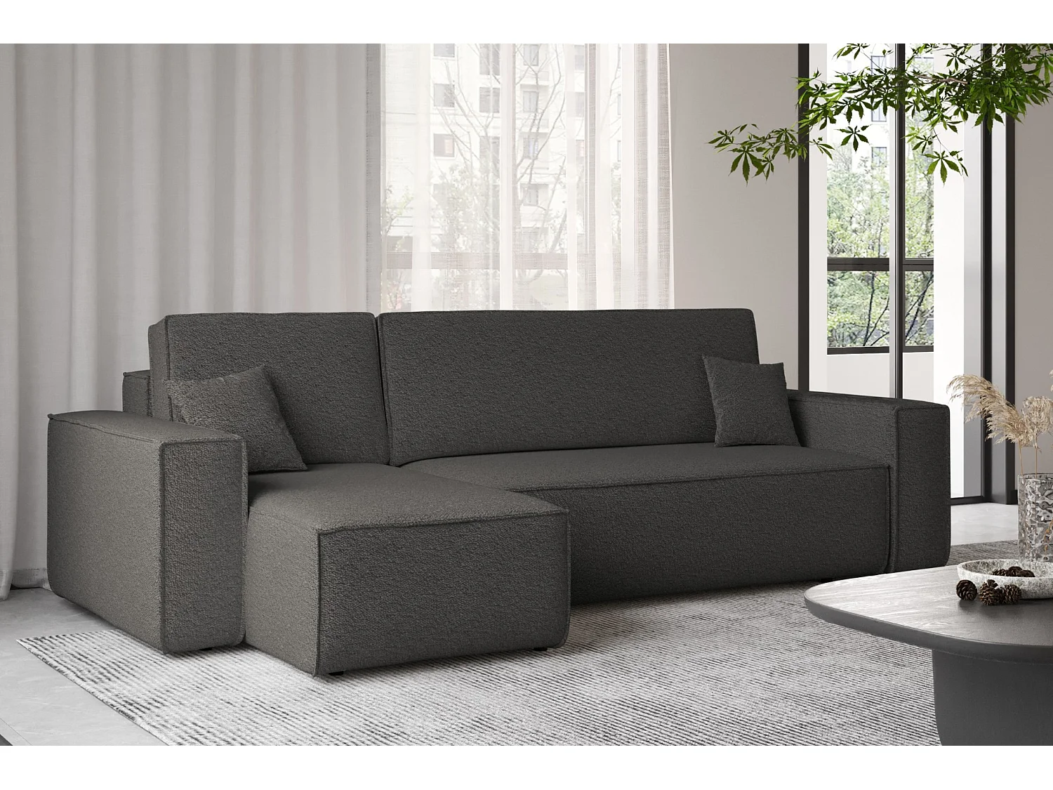 Ecksofa mit schlaffunktion und bettkasten, Ecksofa L-Form, Eckcouch L-Form BEST stoff Abriamo Graphit Links