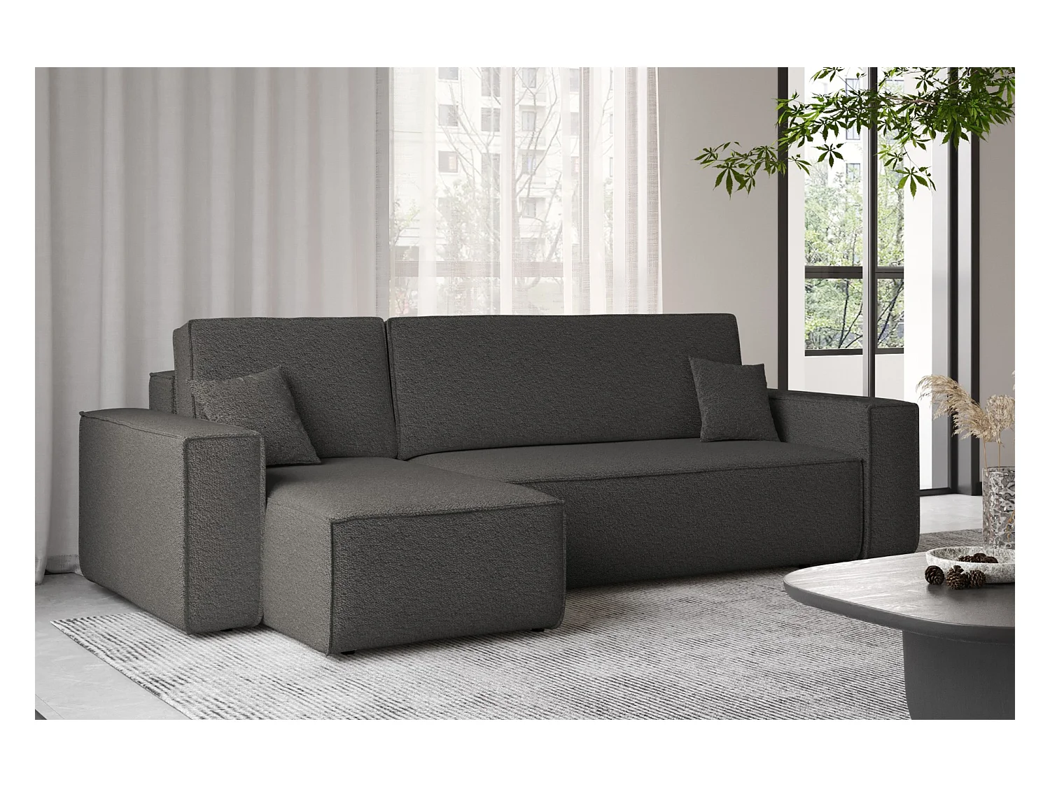Canapé d'angle avec fonction couchage et coffre de lit, canapé d'angle en L, canapé d'angle en L BEST tissu Abriamo Graphite Gauche
