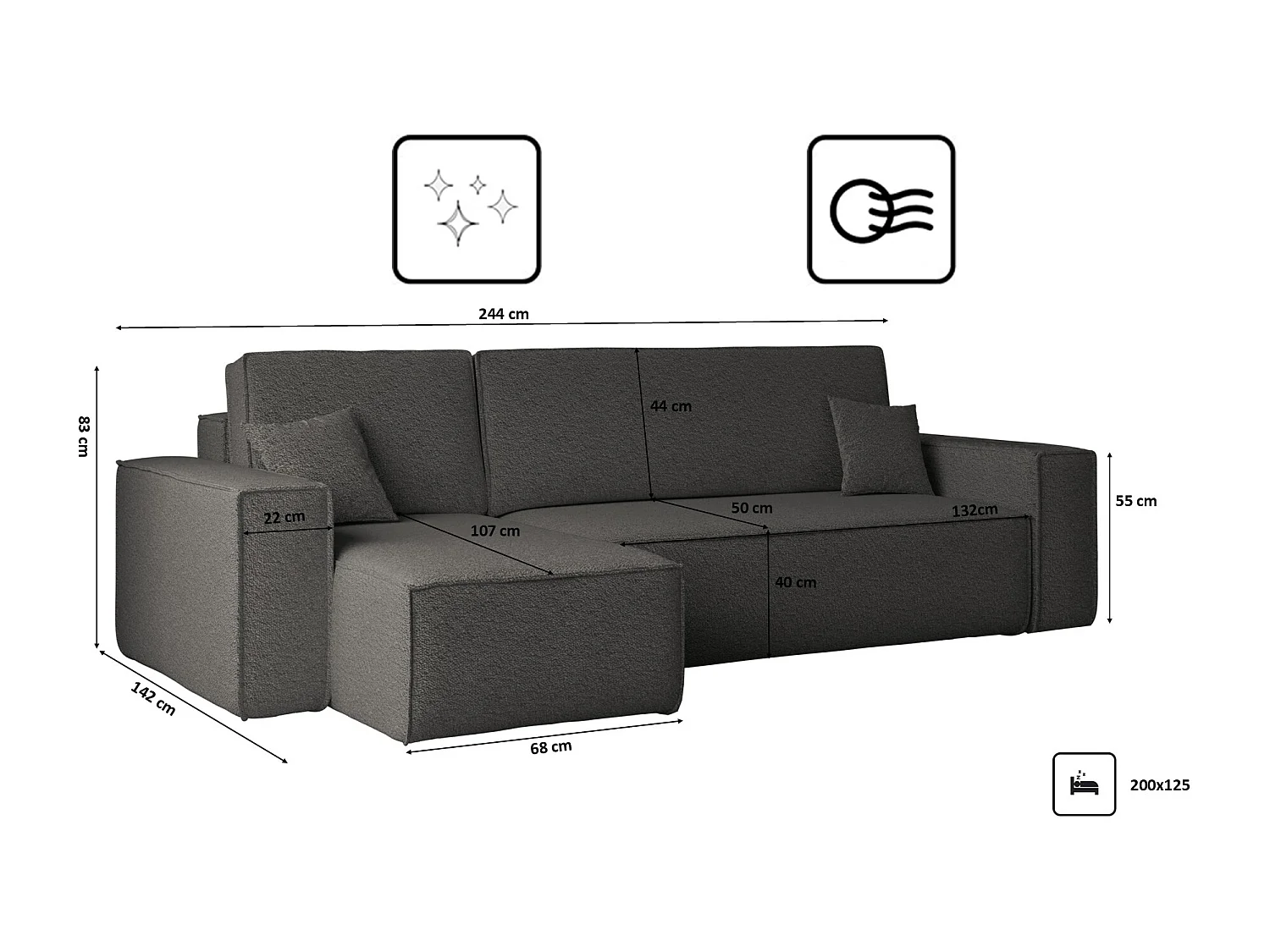 Canapé d'angle avec fonction couchage et coffre de lit, canapé d'angle en L, canapé d'angle en L BEST tissu Abriamo Graphite Gauche