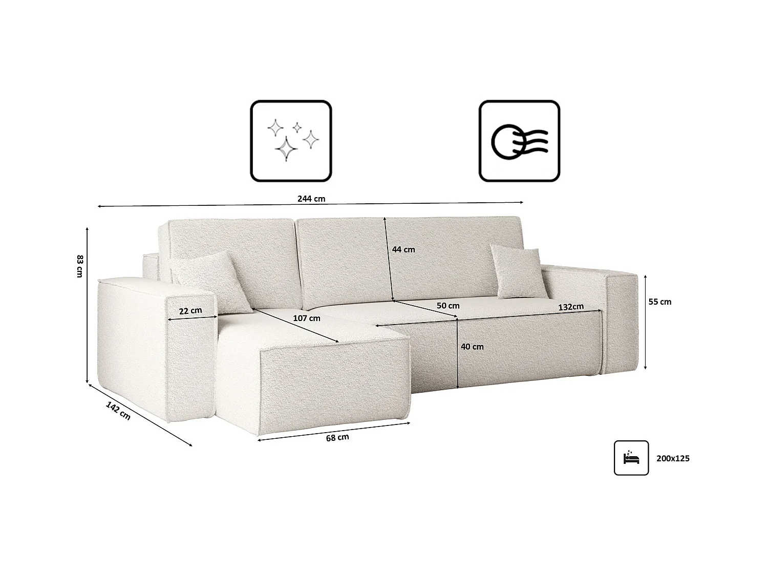 Ecksofa mit schlaffunktion und bettkasten, Ecksofa L-Form, Eckcouch L-Form BEST stoff Abriamo Ecru Links