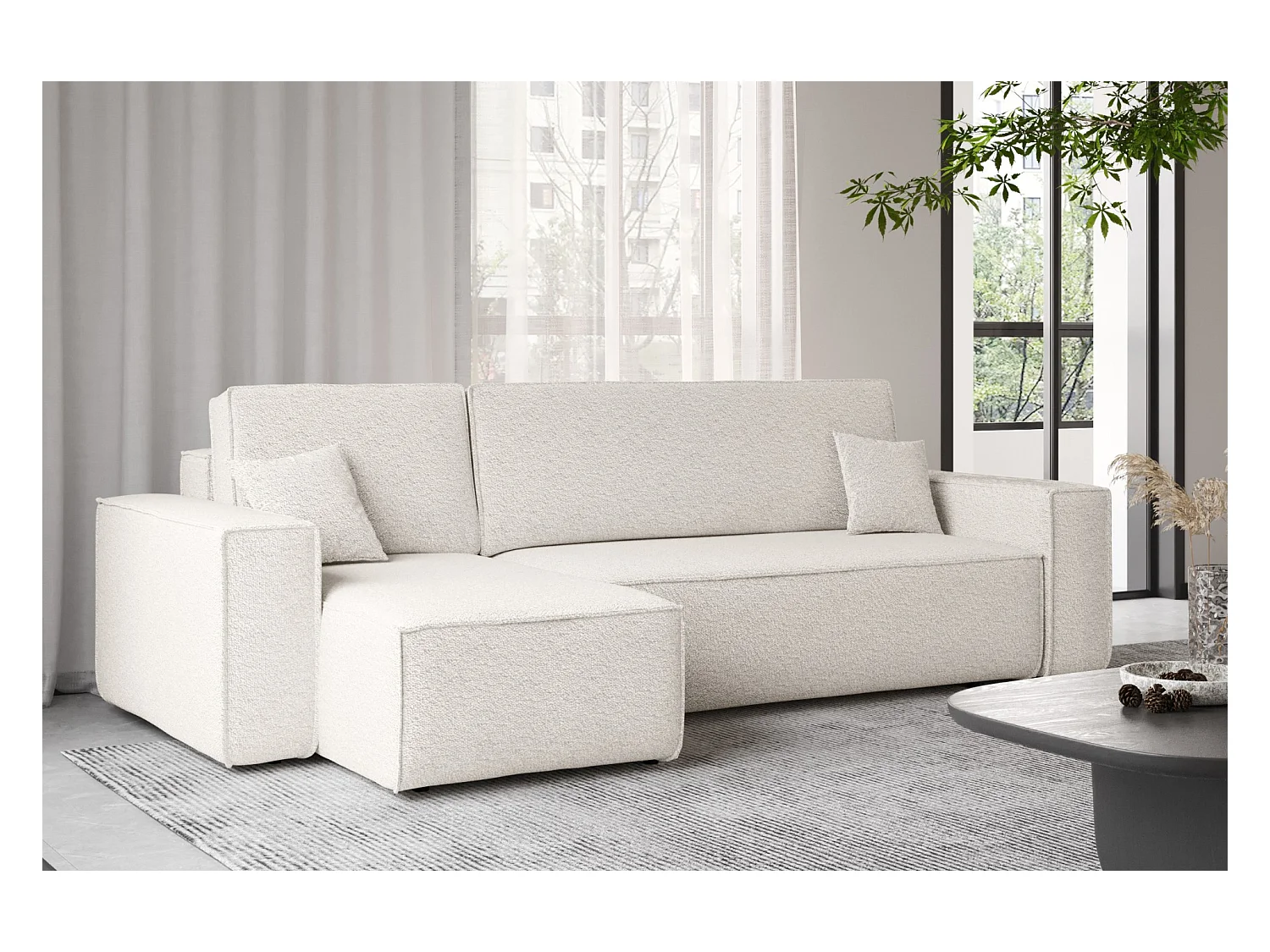 Divano angolare con funzione letto e contenitore, divano angolare a L, divano angolare a L tessuto BEST Abriamo Ecru Sinistra