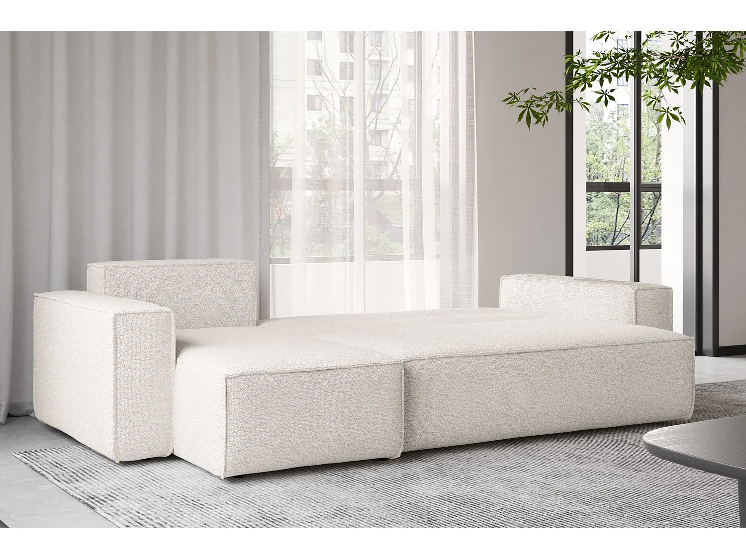 Canapé d'angle avec fonction couchage et coffre de lit, canapé d'angle en L, canapé d'angle en L BEST tissu Abriamo Écru Gauche