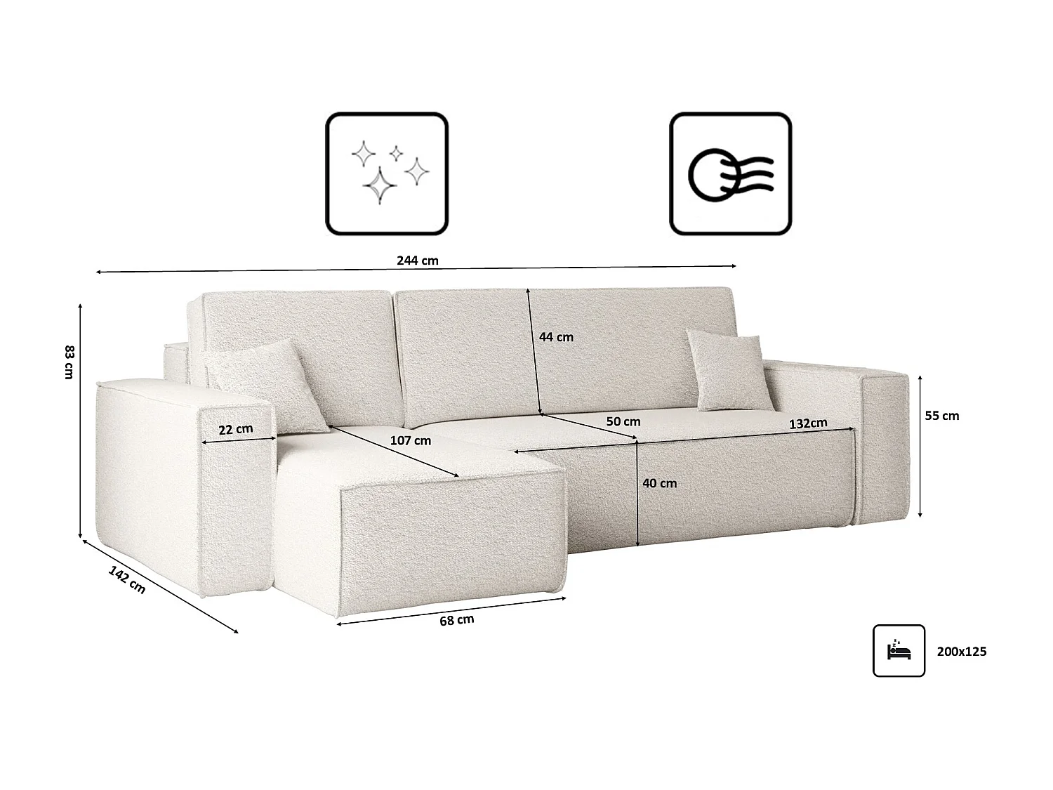 Canapé d'angle avec fonction couchage et coffre de lit, canapé d'angle en L, canapé d'angle en L BEST tissu Abriamo Écru Gauche