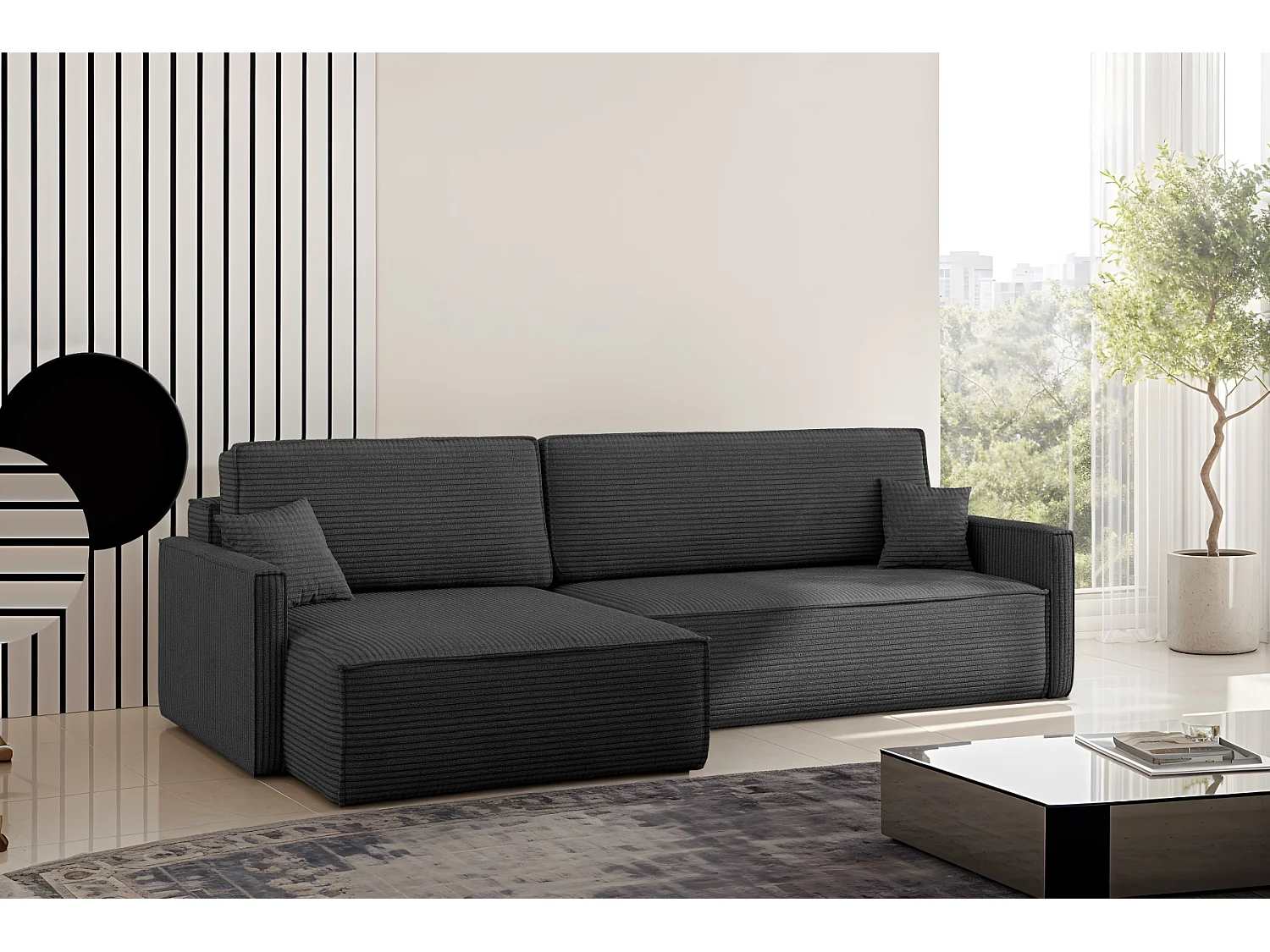 Schlafsofa Carlos, Ecksofa L-Form mit schlaffunktion und bettkasten Stoff Poso Graphit Links