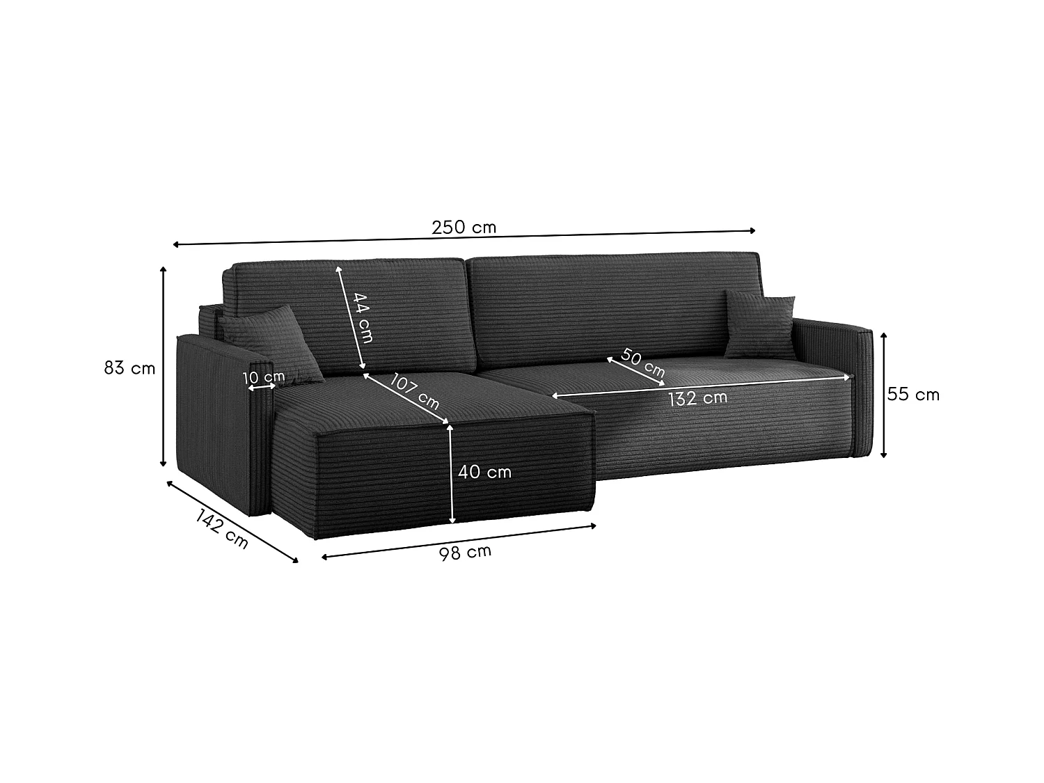 Schlafsofa Carlos, Ecksofa L-Form mit schlaffunktion und bettkasten Stoff Poso Graphit Links