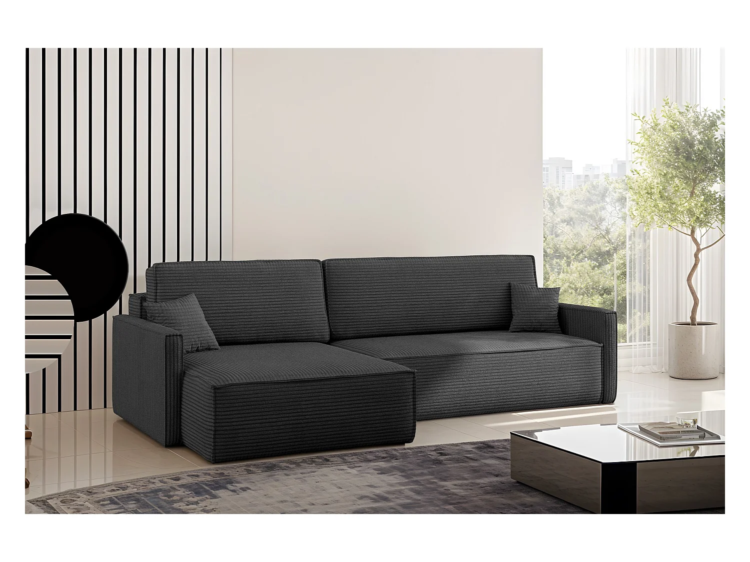 Canapé-lit Carlos, canapé d'angle en L avec fonction couchage et coffre de lit, tissu Poso Graphite Gauche