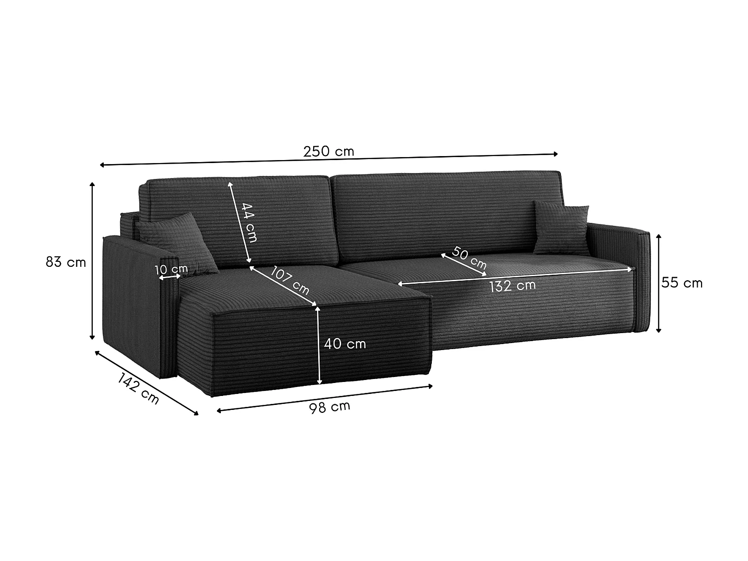 Schlafsofa Carlos, Ecksofa L-Form mit schlaffunktion und bettkasten Stoff Poso Graphit Links