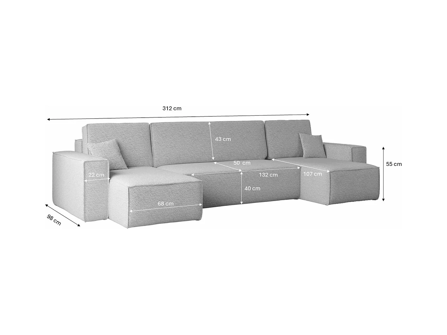 Ecksofa mit schlaffunktion und bettkasten, Sofa U-form, Couch U-form BEST stoff Abriamo Hellgrau