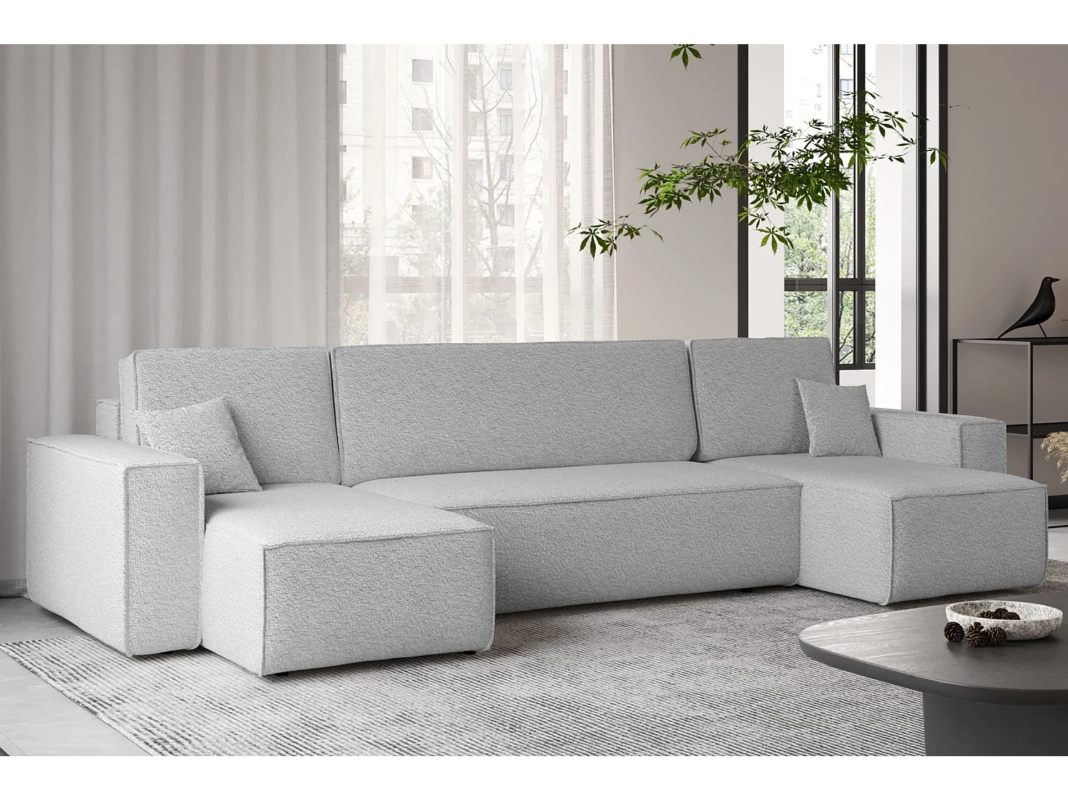 Ecksofa mit schlaffunktion und bettkasten, Sofa U-form, Couch U-form BEST stoff Abriamo Hellgrau