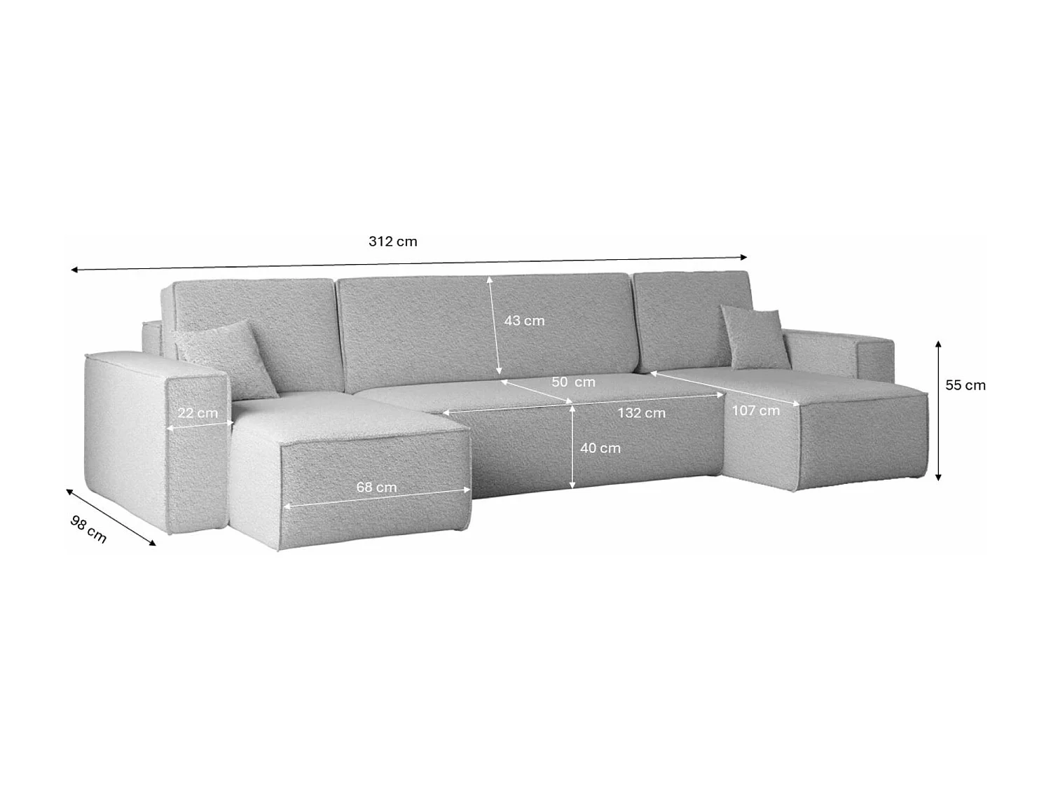 Ecksofa mit schlaffunktion und bettkasten, Sofa U-form, Couch U-form BEST stoff Abriamo Hellgrau