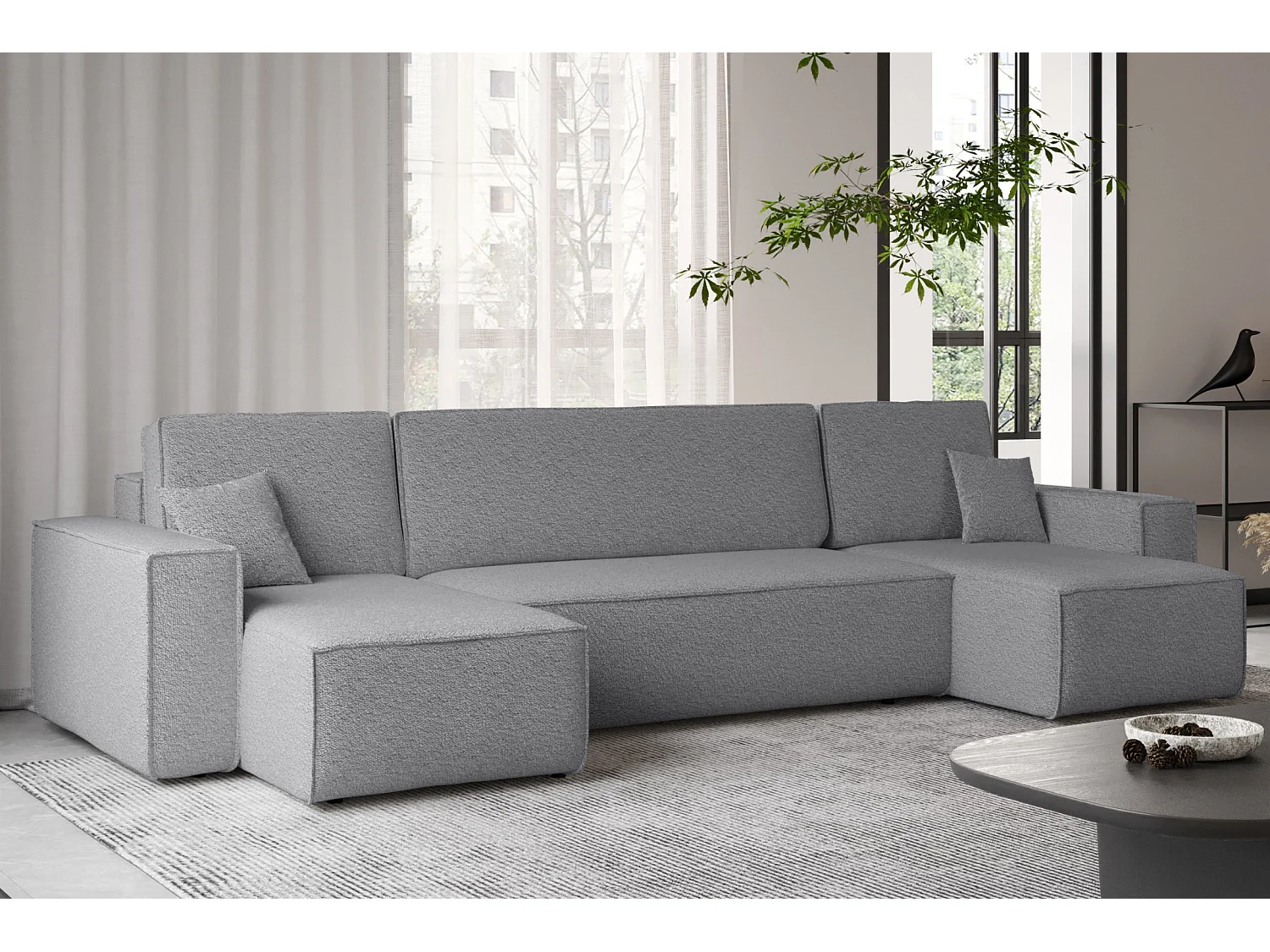 Ecksofa mit schlaffunktion und bettkasten, Sofa U-form, Couch U-form BEST stoff Abriamo Grau