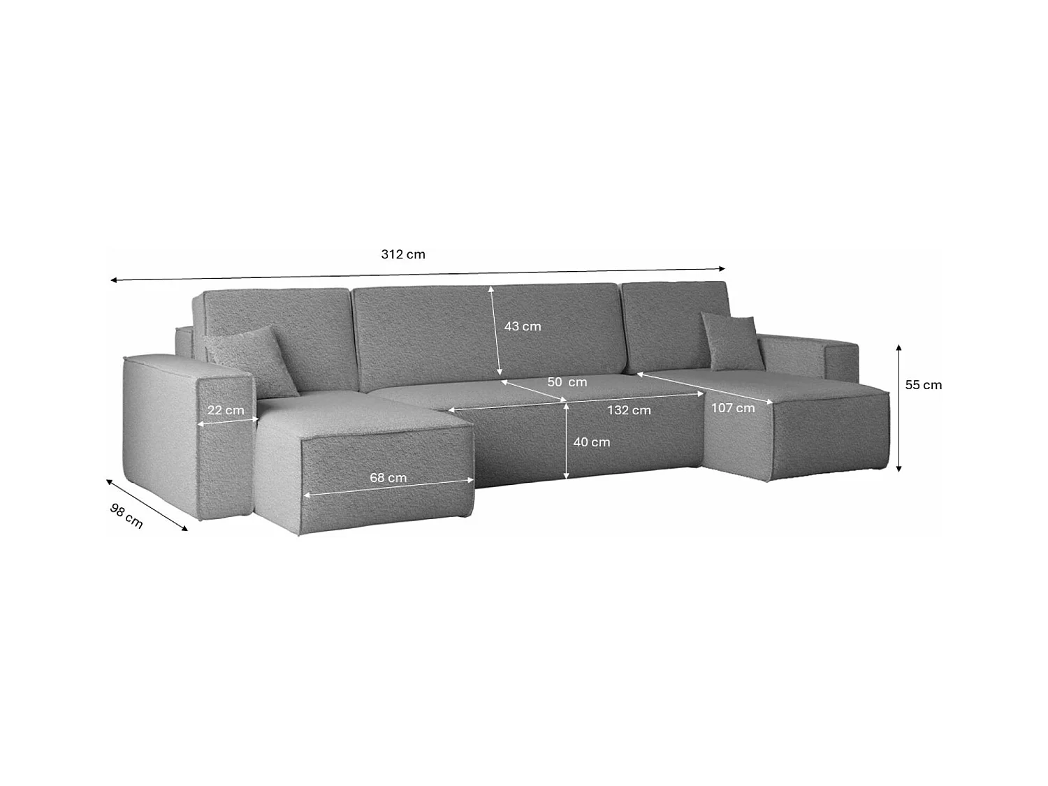 Ecksofa mit schlaffunktion und bettkasten, Sofa U-form, Couch U-form BEST stoff Abriamo Grau