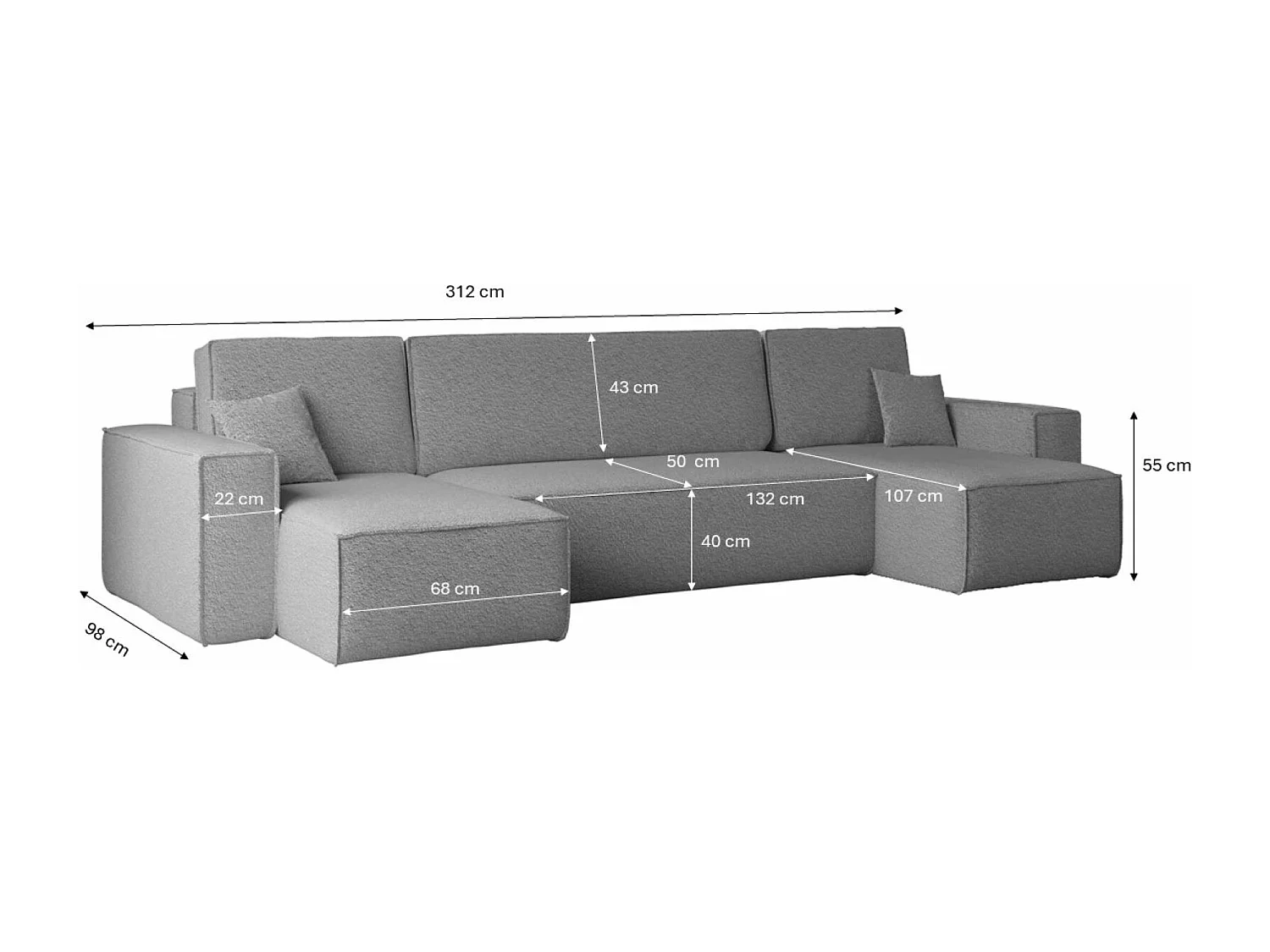 Canapé d'angle avec fonction couchage et coffre de lit, canapé en U, canapé en U BEST tissu Abriamo Gris